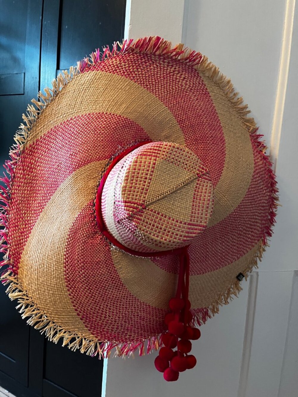 Woven Straw Wide Brim Sun Hat: Pink Fuchsia and Natural Stripe with Pom Pom Ties